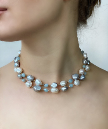 Бусы из жемчуга, аквамарина и серебра