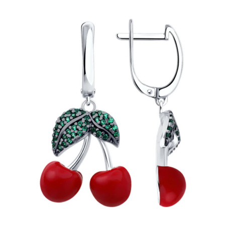 Серебряные серьги с эмалью и фианитами «Вишня»