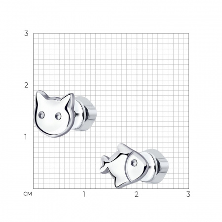 Ассиметричные серьги из серебра «Кот и рыбка»