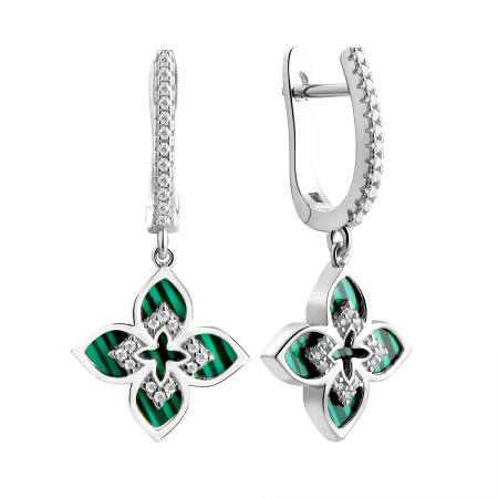Серьги из серебра с синтетическим малахитом «Цветок»