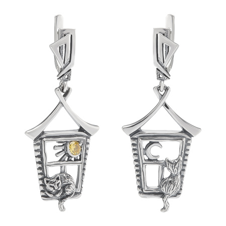 Серебряные серьги с фианитом «Кошкин дом»
