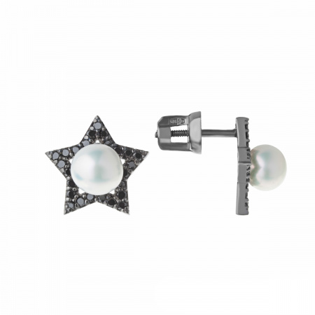 Серебряные серьги-пусеты с жемчугом и фианитами