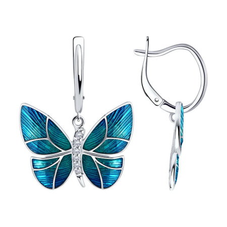 Серебряные серьги с фианитами и эмалью «Бабочка»