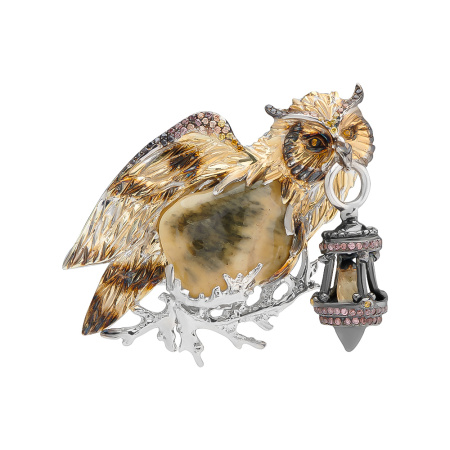 Серебряная брошь с янтарем и цитрином «Сова»