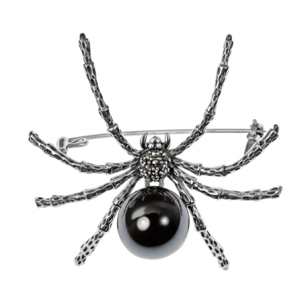 Серебряная брошь «Паук» с гематитом и марказитами Swarovski