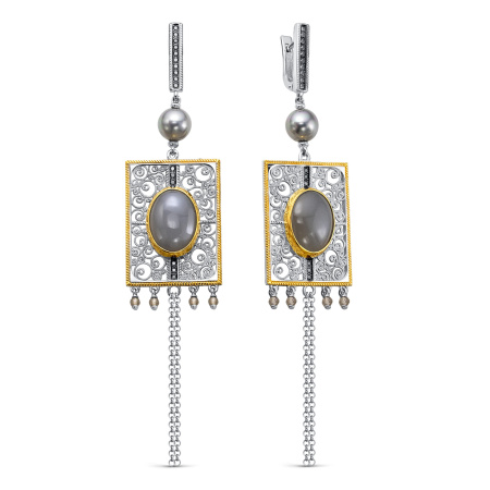 Серьги из серебра с лунным камнем, жемчугом и фианитами