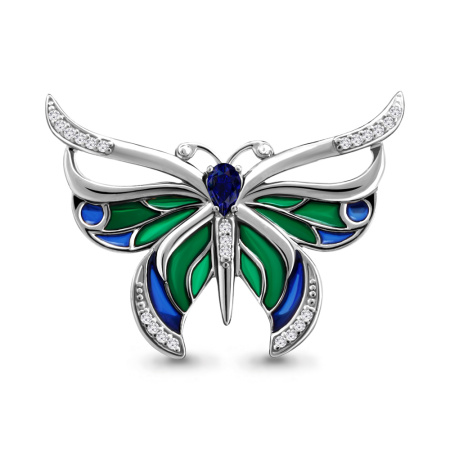 Серебряная брошь с наносапфиром, эмалью и фианитами «Бабочка»