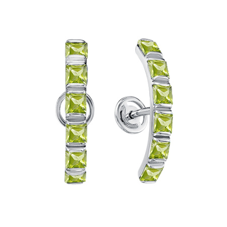 Серьги пуссеты из серебра с хризолитами «Дорожка»