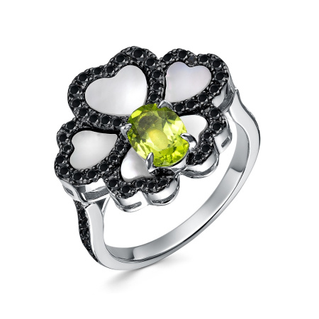 Кольцо из серебра с перидотом, перламутром и шпинелью «Цветок»