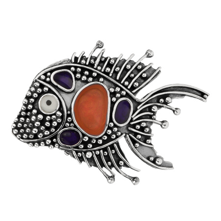 Брошь из серебра «Золотая рыбка» с эмалью