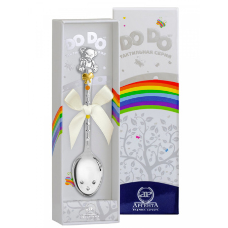 Ложка тактильная детская «Мишка с бантом» с позолотой и эмалью
