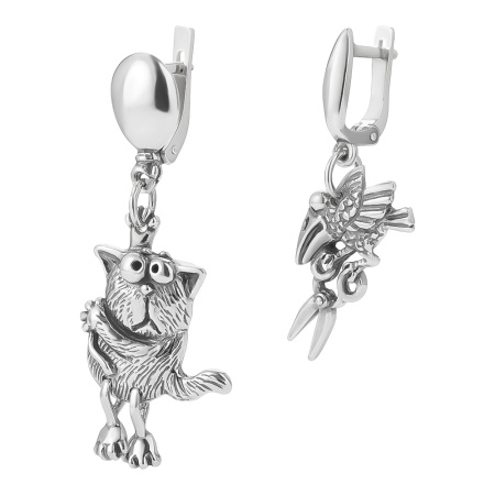 Серебряные серьги «Па-а-берегис-сь! Кот и ворона»