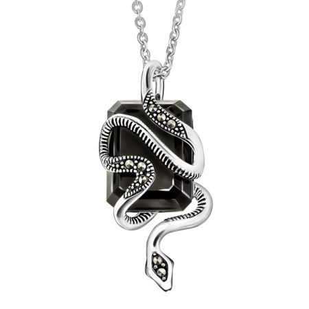 Серебряное колье с черным ониксом и марказитами Swarovski