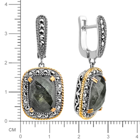 Серебряные серьги с лабродоритом, горным хрусталем, марказитами Swarovski и позолотой