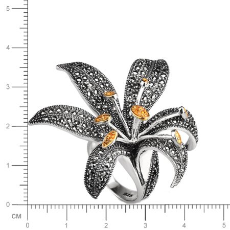 Серебряное кольцо с цитрином, марказитами Swarovski и позолотой