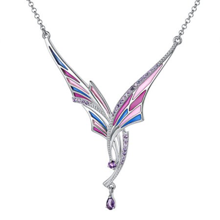 Колье из серебра « Эльфийские крылья» с витражной эмалью