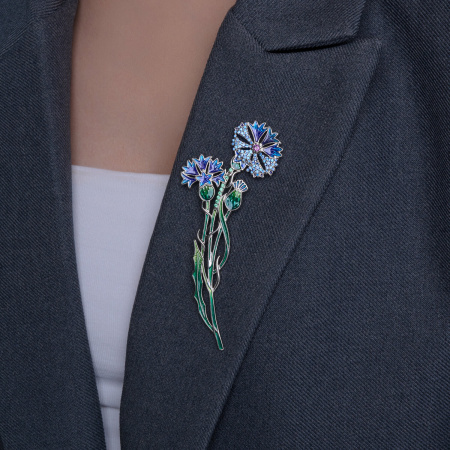 Брошь из серебра с фианитами и эмалью «Цветы»