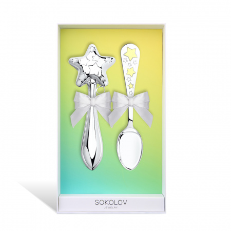 Серебряный набор погремушка «Звездочка» и ложка «Звезда»