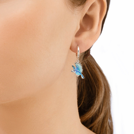 Серьги-подвески из серебра «Попугаи» голубые
