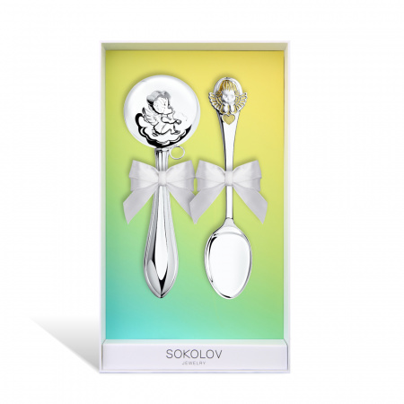 Серебряный набор «Ангелочек с сердечком» ложка и погремушка
