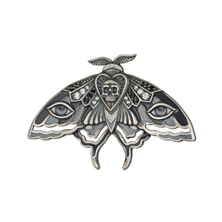 Серебряная брошь «Мотылек бражник» череп с эмалью и фианитами