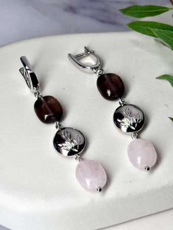 Серебряные серьги с кварцем и обсидианом