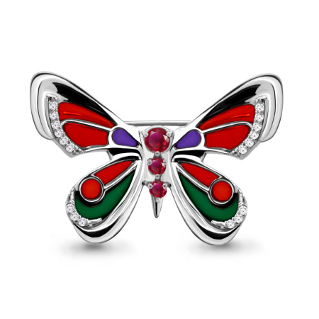 Брошь из серебра с корундами, эмалью и фианитами «Бабочка»