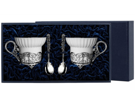 2 чашки чайные «Кружевные узоры» с ложками