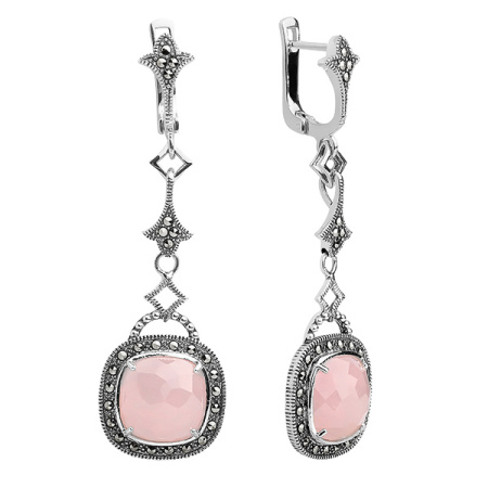 Серебряные серьги с розовым кварцем и марказитами Swarovski