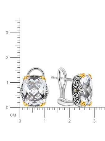 Серебряные серьги c горным хрусталем, марказитами Swarowski и позолотой