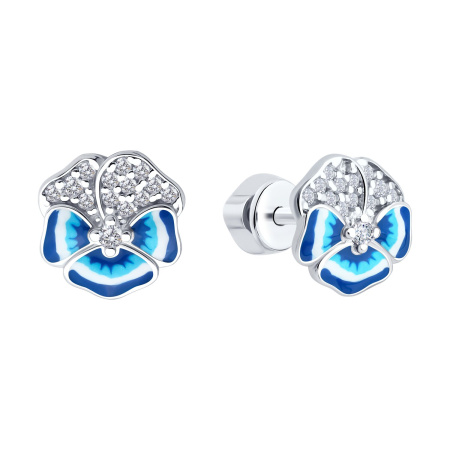 Серьги из серебра с фианитами и эмалью Фиалки