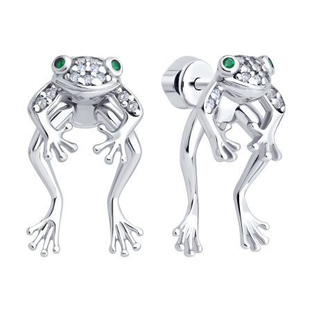 Серьги джекеты Лягушка из серебра с фианитами