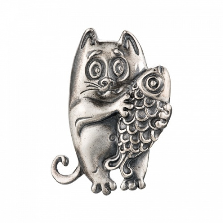 Брошь «Кот рыболов» из серебра