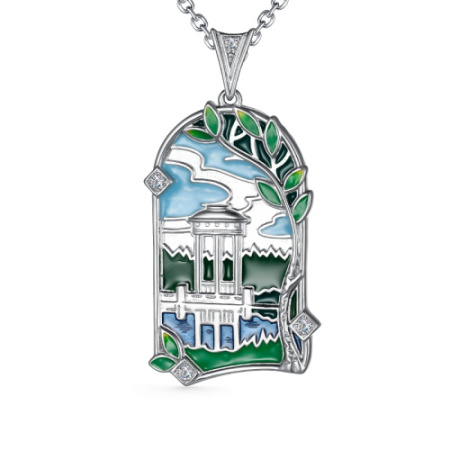 Подвеска из серебра с эмалью «Беседка на озере»