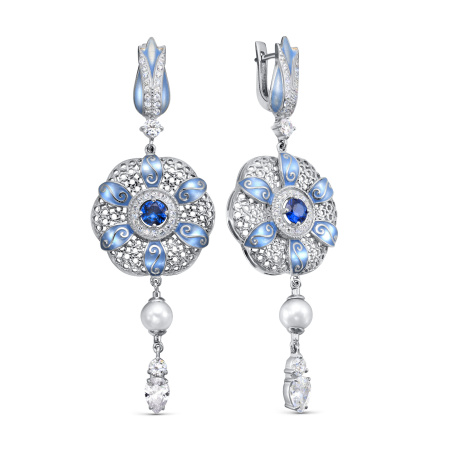 Серьги из серебра с жемчугом и фианитами «Цветы»