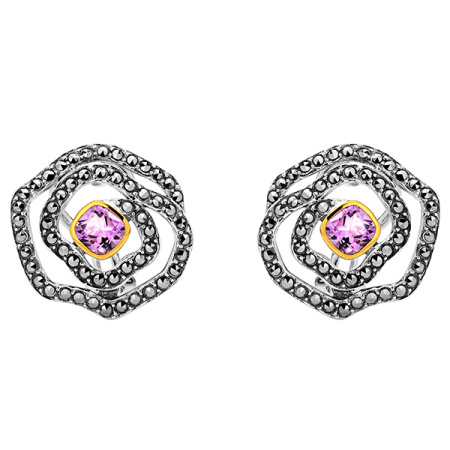 Серебряные серьги с аметистами, марказитами swarovski и позолотой