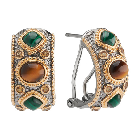 Серьги из серебра с цитрином, малахитом и топазом