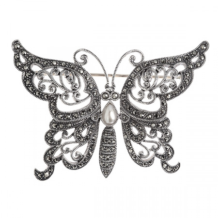 Серебряная брошь с марказитами Swarovski и жемчугом