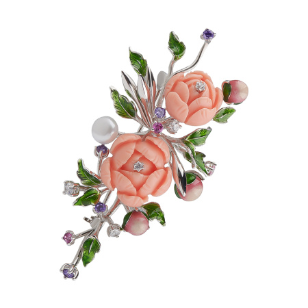 Брошь из серебра с кораллом, жемчугом, фианитами и эмалью «Роза»