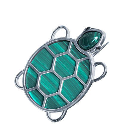 Серебряная брошь с малахитом и фианитами «Черепашка»