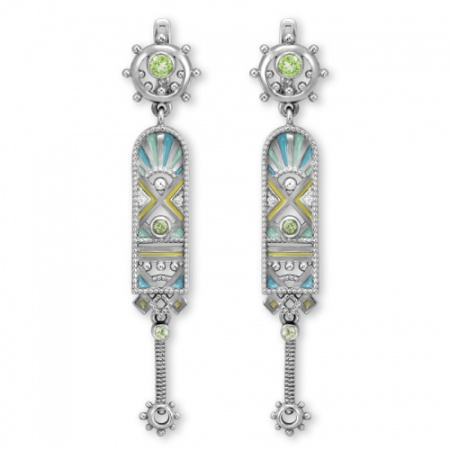 Серьги из серебра с фианитами, эмалью и хризолитами