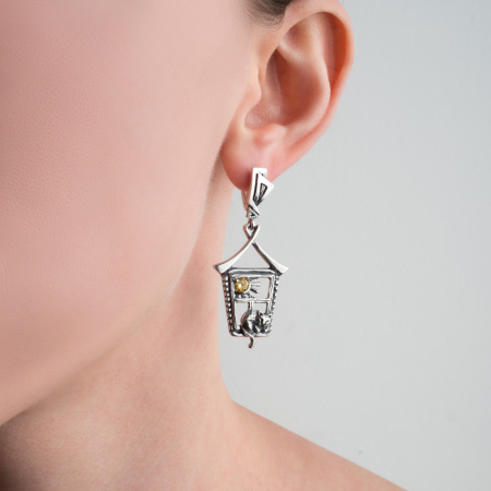 Серебряные серьги с фианитом «Кошкин дом»