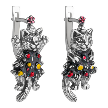 Серьги из серебра 925 Новый кот и елка