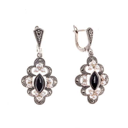 Серебряные серьги с марказитами, жемчугом и ониксом