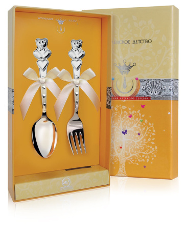 Серебряный набор детский «Мишка с сердечками» вилка и ложка