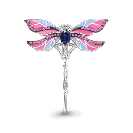 Брошь из серебра с наносапфирами, корундами, эмалью и фианитами «Стрекоза»