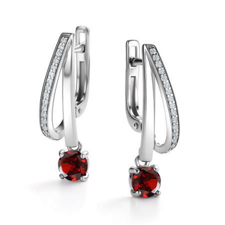 Серьги из серебра с гранатом и фианитами