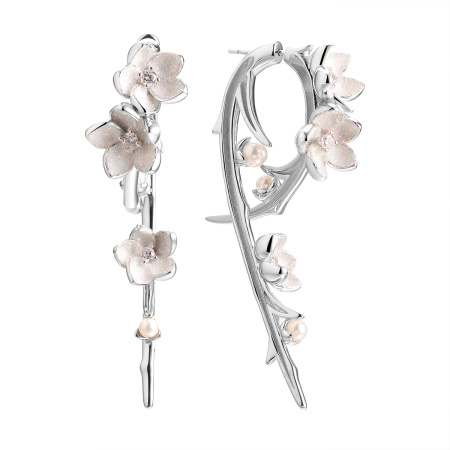 Серьги из серебра с фианитами «Ветка сакуры»