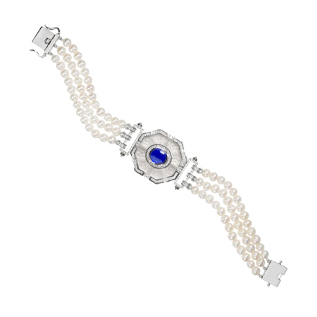 Серебряный браслет с сапфиром, горным хрусталем, жемчугом и топазом