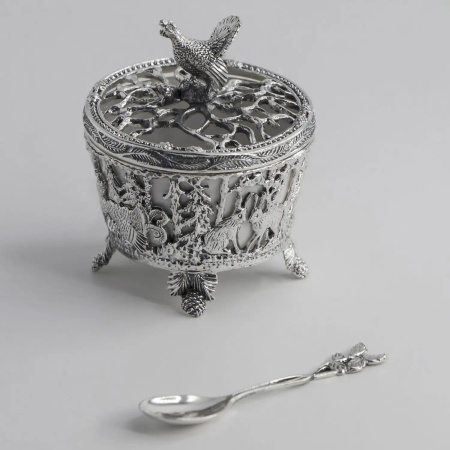 Солонка «Охотничья-Глухарь» серебро 925 и фарфор